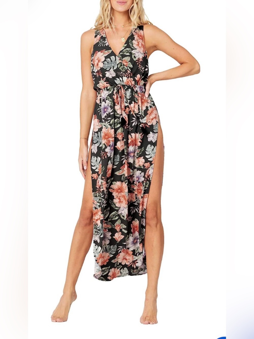 l*space Black Floral High-Slit Maxi Swim Coverup